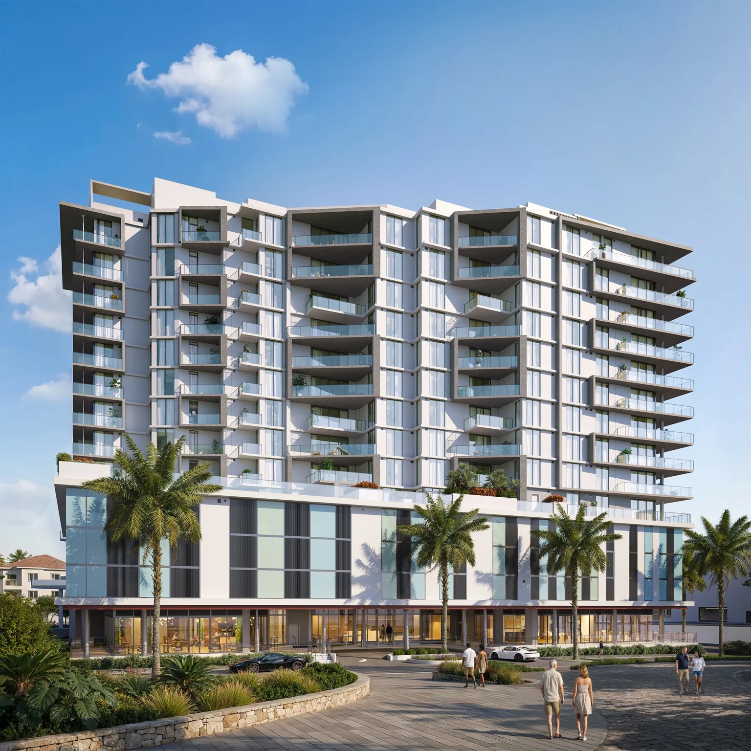 Modern architectural rendering of the exterior of AVRA at Metropolitan Naples luxury condo building in Naples, Florida.