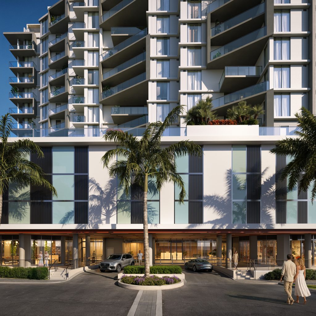 Architectural rendering of the luxury porte-cochère grand entrance and driveway at AVRA at Metropolitan Naples condos in Florida.